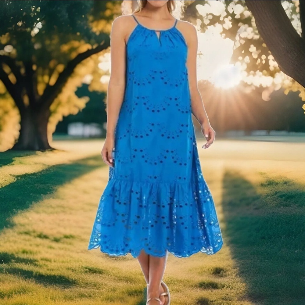 BADGLEY MISCHKA BELLE Dress Womens Size 2 Blue Donna Eyelet Tiered Halter Midi
